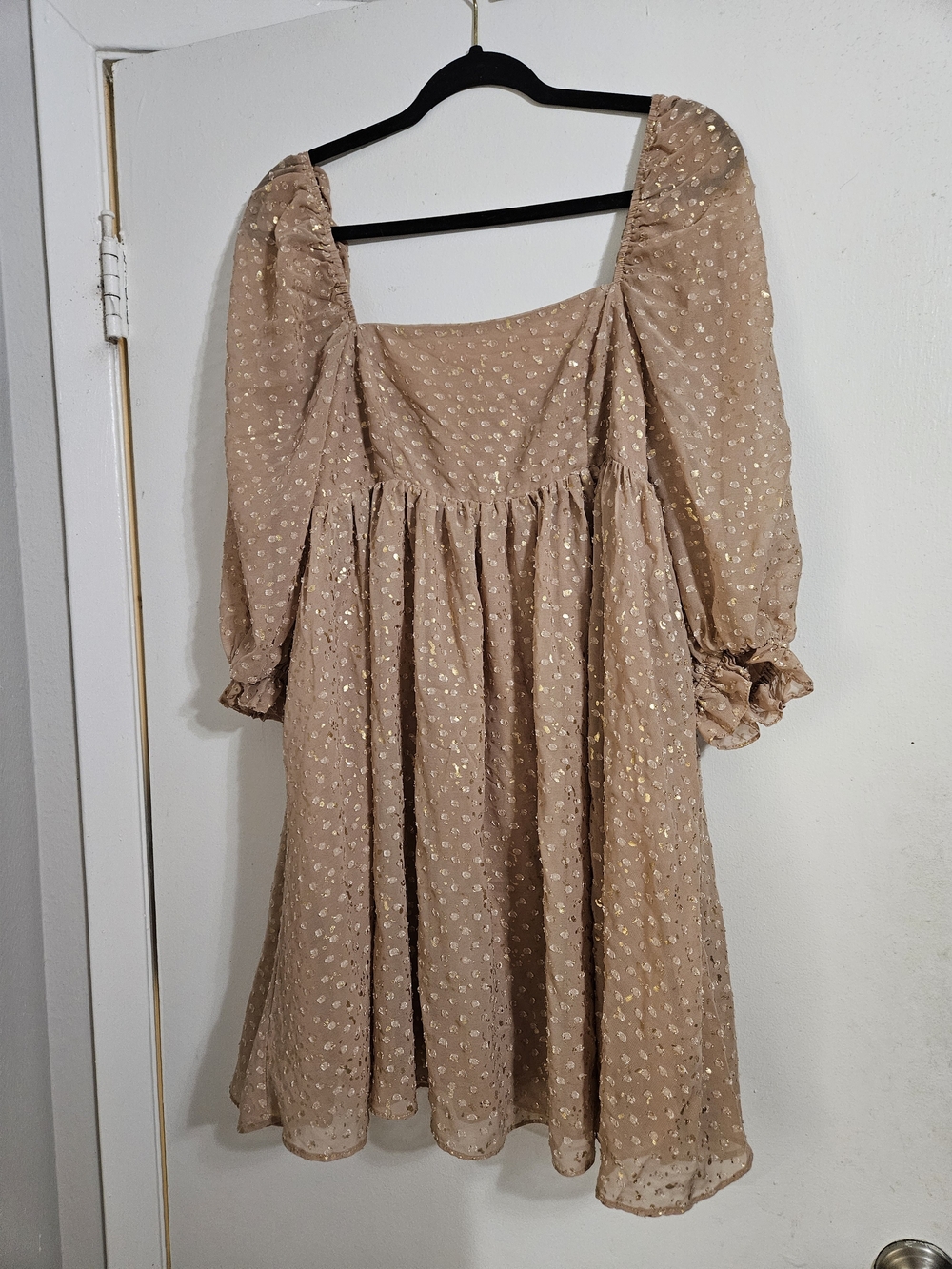 Storia Beige Metallic Dot Puff-Sleeve Mini Dress